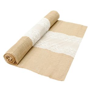 Jute tafelloper - met wit kant - 60 x 300 cm - extra breed