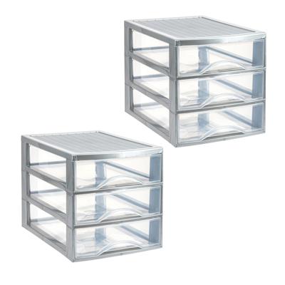Ladekastje bureau organizer - 2x - 3 lades - zilver/transparant - L26 x B35 x H27 cm - kunststof