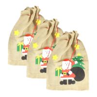 Kerst cadeauzak - 3x stuks - kerstman print - 60 x 90 cm - jute - met trekkoord - kerstcadeaus zak