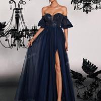 Red Off Shoulder Sequin Bodice Mesh A-Line Prom Dress Blue / XS