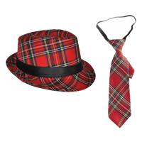 Carnaval Schotse ruit thema verkleed set - hoedje en stropdas - rood tartan - heren - thumbnail