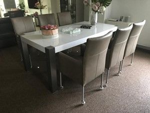 Set van 6 leren eetkamerstoelen - met wieltjes en hoge rug - bruin leer - Echt leer, Modern, ontdek de vele Leersoorten en Kleuren bij ShopX