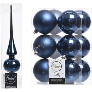 Blauwe kerstversiering/kerstdecoratie set piek en 12x kerstballen 8 cm glans/mat   -