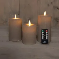 Anna&apos;s Collection LED kaars flame effect ribbel set 7.5 cm taupe 3 stuks
