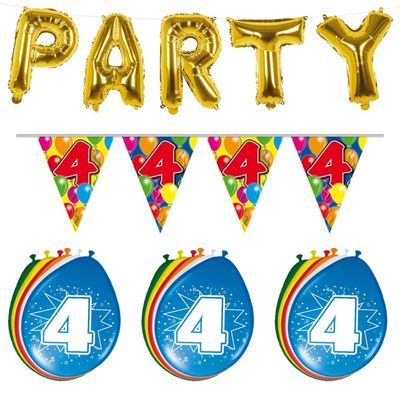 Verjaardag feestversiering 4 jaar PARTY letters en 16x ballonnen met 2x plastic vlaggetjes Verjaardag feestversiering 4 jaar PARTY letters en 16x ballonnen met 2x plastic vlaggetjes
