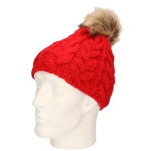 Gebreide kabel wintermuts rood met pompon voor dames