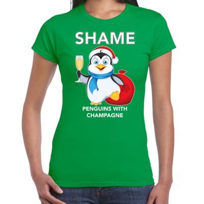 Pinguin Kerst t-shirt / outfit Shame penguins with champagne groen voor dames Pinguin Kerst t-shirt / outfit Shame penguins with champagne groen voor dames