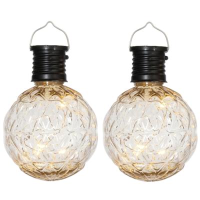 Anna's Collection Solar hanglamp tuin - 2x - lampenbol - zwart - bewerkt glas - 11 cm - ophang haakj