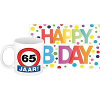 Verjaardag cadeau mok/beker 65 jaar print 300 ml + A5-size wenskaart Happy Birthday - thumbnail