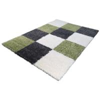 Hoogpolige vloerkleed shaggy plus 910 groen blokken patroon 5 cm poolhoogte-80 x 150 cm