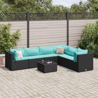7-delige Loungeset met kussens poly rattan zwart