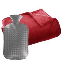 Fleece deken/plaid Rood 130 x 180 cm en een warmwater kruik 2 liter - Plaids - thumbnail