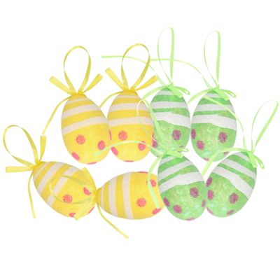 Decoratie paaseieren hangend 12x groen/geel piepschuim 6 cm
