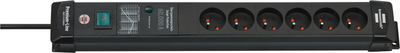 Brennenstuhl Premium-Line 60.000A Extension Lead With Surge Protection 6-Way Black 3M H05Vv-F 3G1.5 - 1951164400