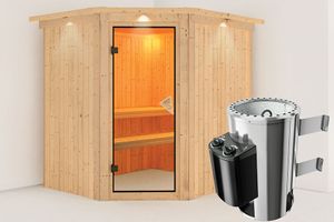 Karibu | Lilja Sauna met Dakkraag | Bronzeglas Deur | Kachel 3,6 kW Geïntegreerde Bediening