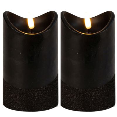 Led wax stompkaarsen - 2x - zwart - H12,5 x D7,5 cm - warm wit licht - 3D lont