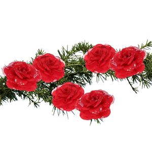 6x stuks decoratie bloemen rozen rood op clip 9 cm