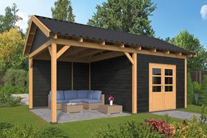 Lariks/Douglas Overkapping Hamar L type 3 zwart 478x395 cm- Zadeldak- Onbehandeld lariks Douglas hout- Tuindeco