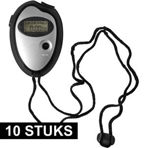 Voordelige digitale sport stopwatch - 10x - zwart/metallic zilver - 7.5 cm - met nekkoord - kunststo