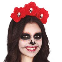 Halloween verkleed diadeem - bloemen en schedels - one size - rood - meisjes/dames - Verkleedhoofddeksels - thumbnail