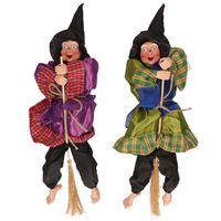 Halloween decoratie heksen pop op bezem - 2x - 44 cm - rood/groen - thumbnail