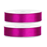 2x Hobby/decoratie fuchsia roze satijnen sierlinten 1,2 cm/12 mm x 25 meter - thumbnail