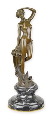 A BRONZE SCULPTURE OF A NYMPH (BRASS PLATE UNDERNEATH BASE)