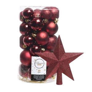 Decoris kerstballen 30x stuks - donkerrood 4/5/6 cm kunststof mat/glans/glitter mix en piek