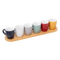 Espresso/koffie kopjes set - 6x - met bamboe plankje - aardewerk kopjes - 90ml - diverse kleuren