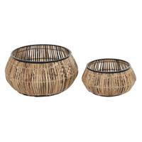 Pottenset DKD Home Decor Zwart Natuurlijk Metaal Rotan Vierkant Bali 50 x 50 x 25,4 cm (2 Stuks)