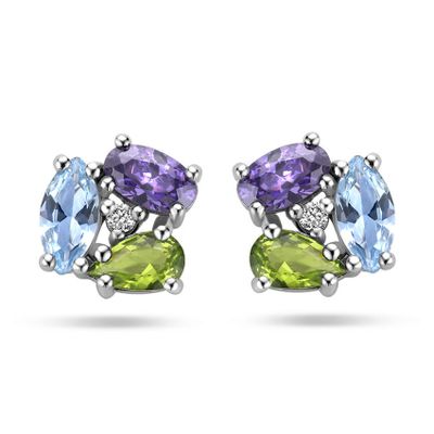 Oorknoppen zilver-zirconia-synth. edelstenen blauw-paars-groen-wit 8 x 8,5 mm