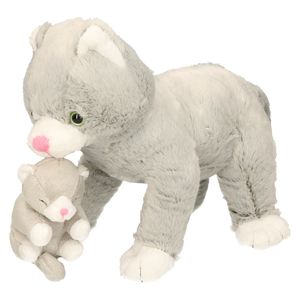 Grijze pluche kat/poes met kitten knuffel 32 cm