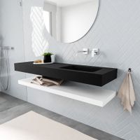 Mondiaz Alan badmeubel 150 cm solid suface planchet talc vrijhangend wastafel rechts zonder kraangat zwart Mondiaz Alan badmeubel 150 cm solid suface planchet talc vrijhangend wastafel rechts zonder kraangat zwart