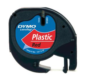 Labeltape Dymo Letratag 91203 plastic 12mm zwart op rood