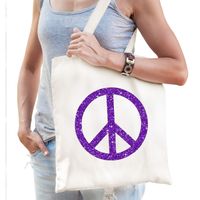 Flower Power katoenen tas met peace teken wit met paarse glitters voor volwassenen - thumbnail