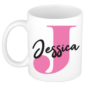 Naam mok Jessica - roze - wit - keramiek - 300 ml - verjaardag/cadeau beker