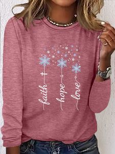 Women's Faith Hope Love Snowflakes Casual Crew Neck Shirt