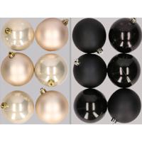 12x stuks kunststof kerstballen mix van champagne en zwart 8 cm - Kerstbal - thumbnail