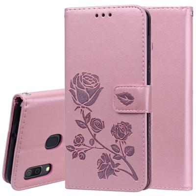 Rose reliëf horizontale Flip PU lederen case voor Galaxy A30/A20 met houder & kaartsleuven & portemonnee (Rose goud)