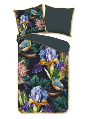 Descanso Dekbedovertrek "bloemen en vogels" - Antraciet - (135x200 cm) - Katoen Satijn