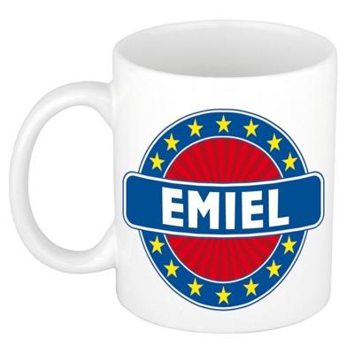 Emiel voornaam koffiemok - beker - wit/blauw - 300 ml - Cadeau - Heren - Collega - Vaderdag Emiel voornaam koffiemok - beker - wit/blauw - 300 ml - Cadeau - Heren - Collega - Vaderdag