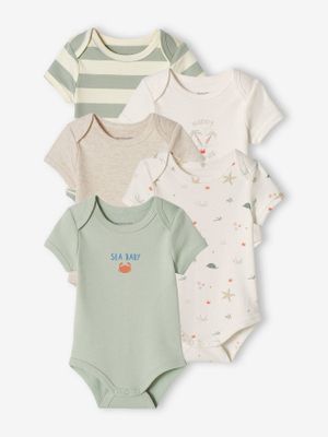 Set van 5 rompertjes "strand" baby Amerikaanse mouwgaten blauwgroen