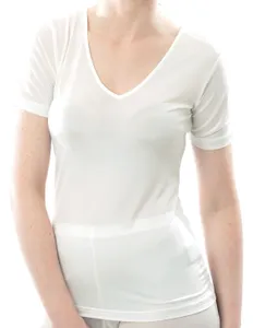 Zijden Dames T-Shirt met V-Hals Alkena, Kleur Gebroken wit, Maat Extra Extra Large