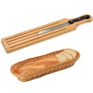 Bamboe houten broodplank/snijplank/serveerplank met broodmes 50 x 10 cm en broodmandje van 41 cm