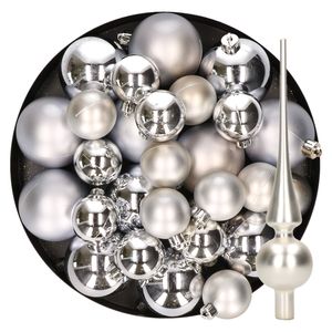 Kerstversiering kunststof kerstballen met piek zilver 6-8-10 cm pakket van 45x stuks