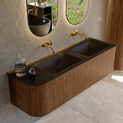 Mondiaz KURVE 145 cm Onderkast Greeploos 1 Lade Met Deuren Walnut, Wastafel Solid Surface Rechts Urban 0 Kraangaten Zonder Spiegel (KRVCLO145L1L1D0KD-Wal/Urb)