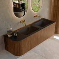 Mondiaz KURVE 145 cm Onderkast Greeploos 1 Lade Met Deuren Walnut, Wastafel Solid Surface Rechts Urban 0 Kraangaten Zonder Spiegel (KRVCLO145L1L1D0KD-Wal/Urb)
