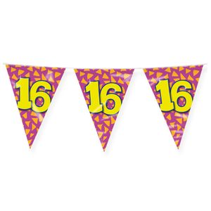 Verjaardag 16 jaar thema Vlaggetjes - Feestversiering - 10m - Folie - Dubbelzijdig