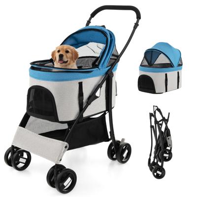3-in-1 Huisdierwagen met Verwijderbare Drager Opvouwbare Transportwagen voor Honden & Katten 4-Wiel Reiswagen Blauw