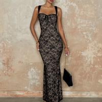 Black Lace Floral Mermaid Maxi Dress - Elegant Slim Fit Cami Black / S